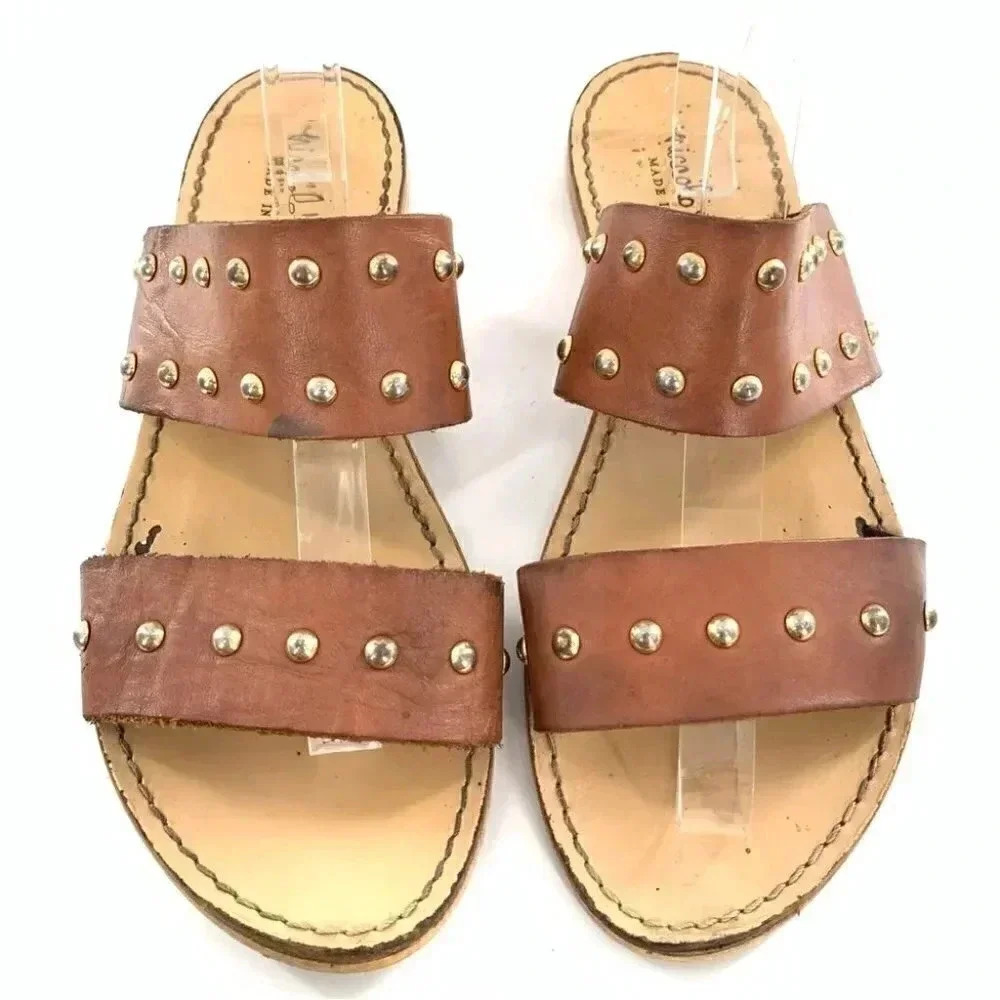 niccolo vacari womens sandals 10 brown Italian leather straps studded slides
